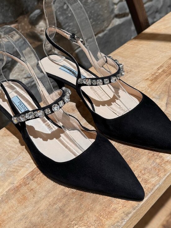 Prada Black Suede Crystal Embellished Slingback Pumps - Picture 4 of 11